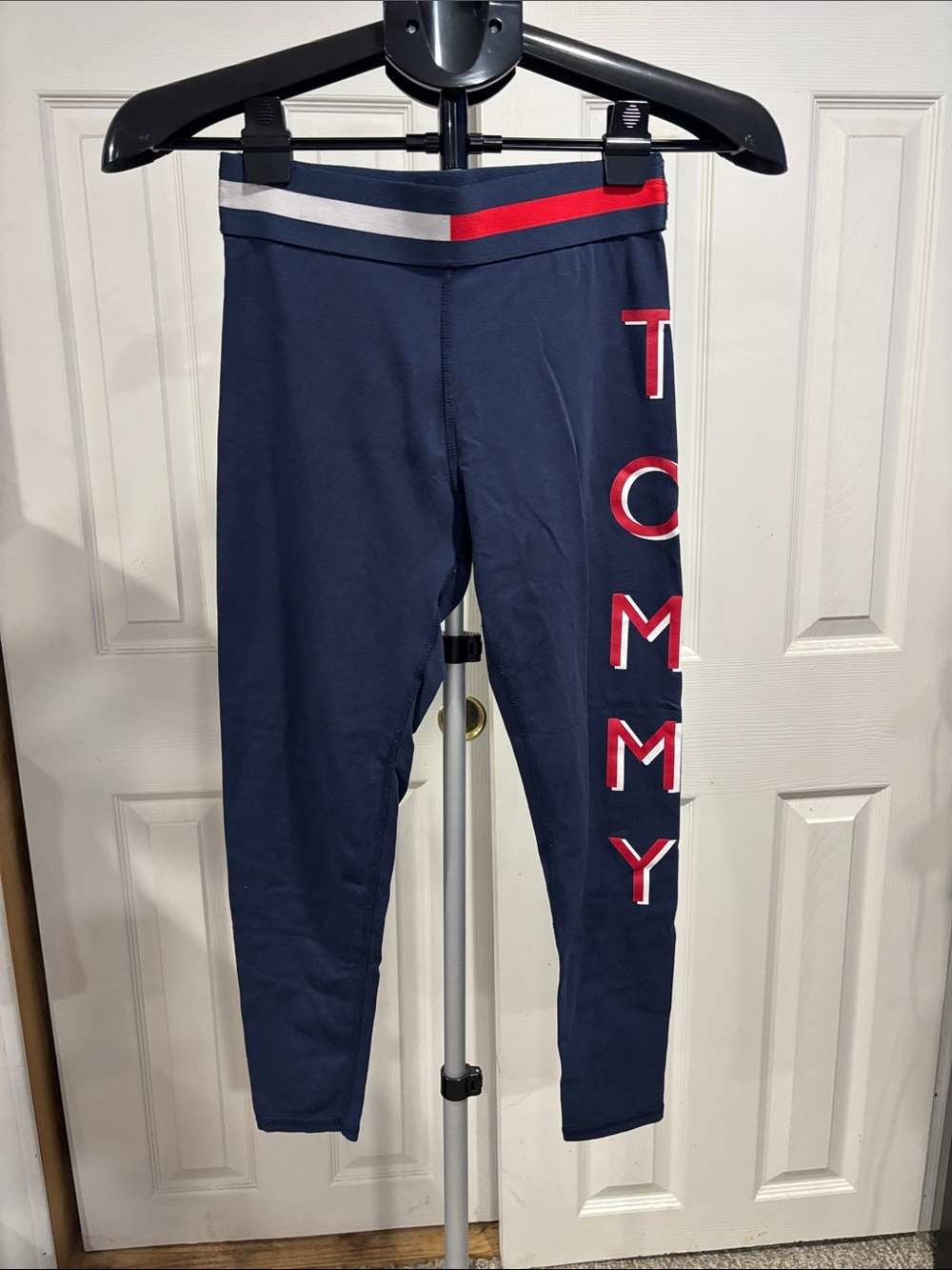 Tommy Hilfiger Navy Leggings with Vertical Red & White Logo